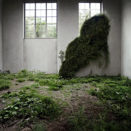 Prompt: an abandoned room in a concrete building, modern avant - garde, few overgrown plants, dreamy, overcast, by hans bellmer