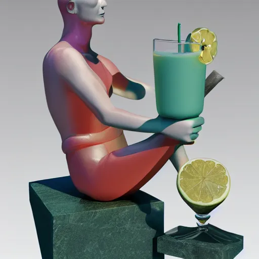 Image similar to medium shot of white reneissance statue holding a coctail, colorful coctail, digital painting, 3 d render