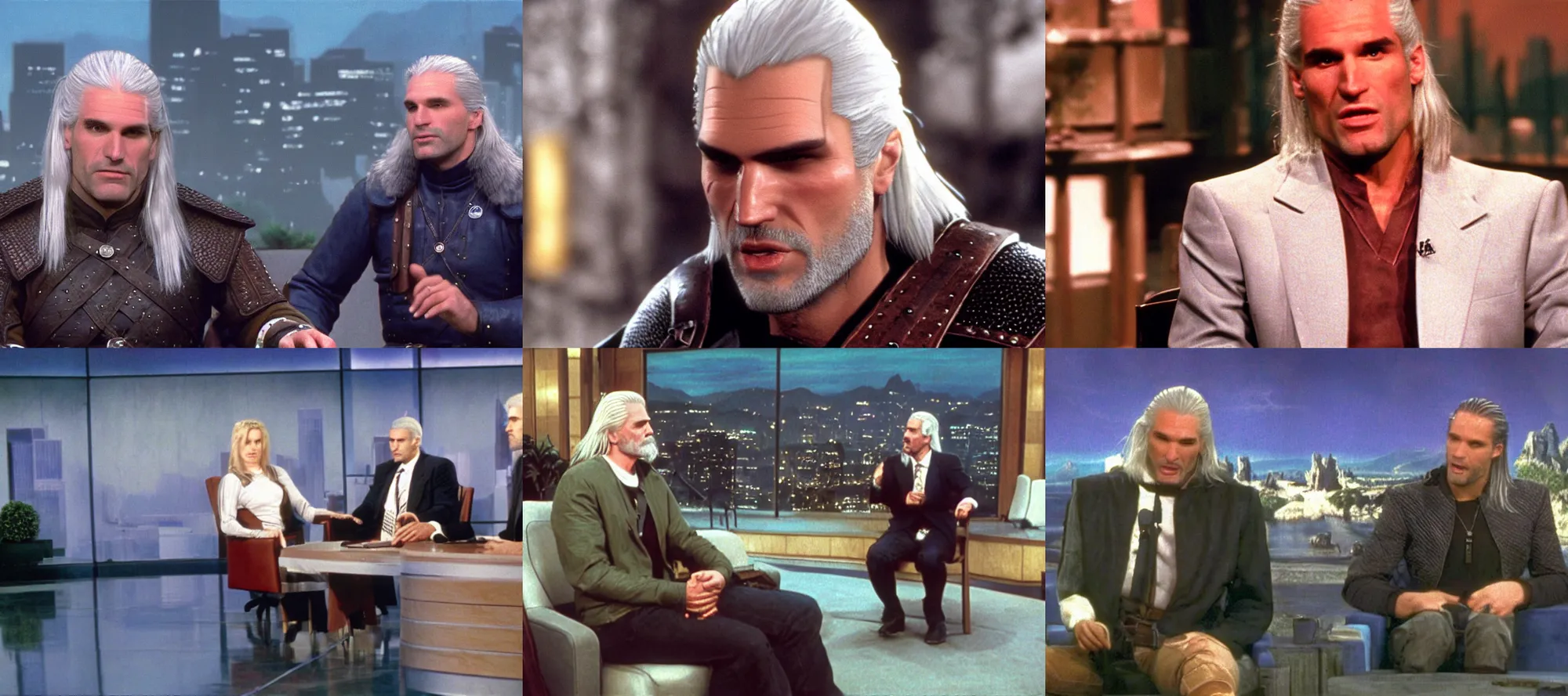 Image similar to Geralt of Rivia being interviewed on the Tonight Show in 1995, cinematic, wide angle, 35mm, television, screengrab