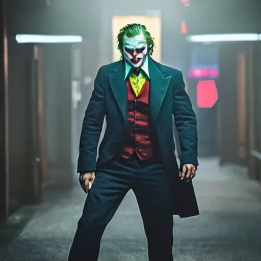 Image similar to High quality still of Ryan Reynolds playing Joker [35mm film]