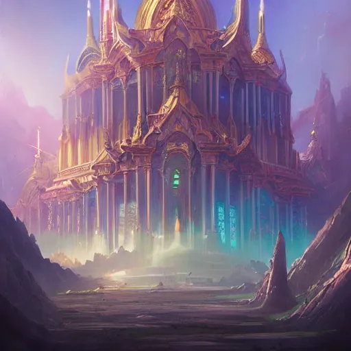 Image similar to grand palace temple for leader of galactic empire by peter mohrbacher, vivid colors, matte painting, 8K, concept art, mystical color scheme, trending on artstation