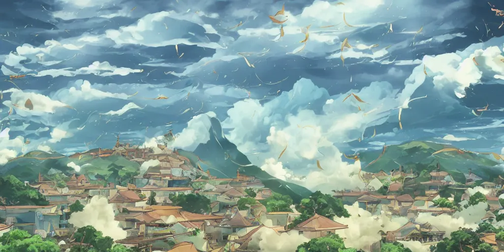 Prompt: background art of flying longswords flowing through the slicing through directional wind on a simple cloudy sky background featuring an enormous tsunami, big puffy clouds, sharp rain, large rose petals, lotus petals, large polygonal background elements, large polygons, studio ghibli anime, dramatic lighting, artgerm, manga, trending on artstation, art nouveau, mature colors