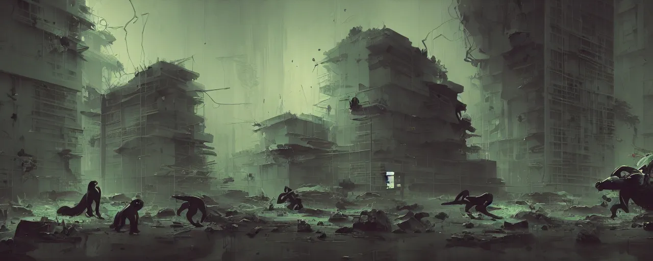 Image similar to duotone noir concept illustration of group wild and crazy apes ruining office rooms, octane render, concept hideo kojima surreal atmosphere, abandoned buildings volumentric lighting. cosmic horror. accidental renaissance. by sachin teng and sergey kolesov and ruan jia and heng z. graffiti art, scifi, fantasy, hyper detailed. trending on artstation