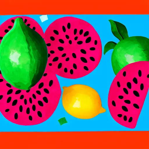 Image similar to retro, hd illustration of watermelons, big yellow lemons, mint leaves, ice cubes, inspired by watercolor masterpieces, matisse, malevich, david hockney, colorful, happy, trending on artstation, 4 k