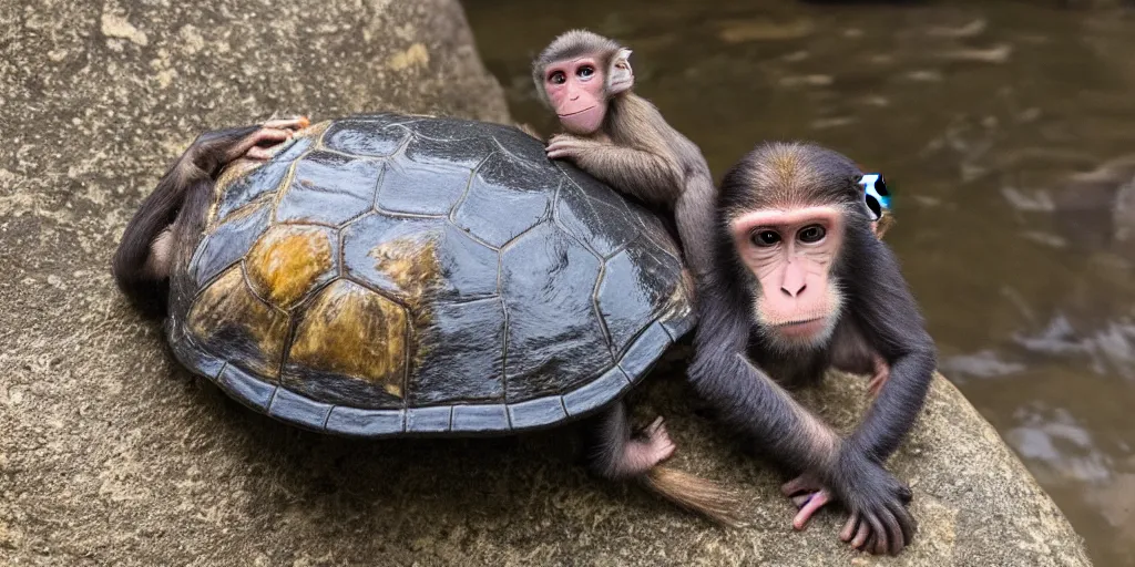 Image similar to a monkey sitting on the back of a turtle