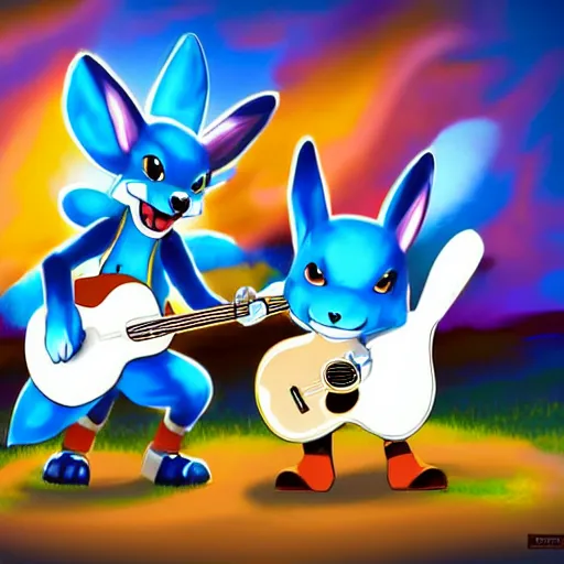 Prompt: lucario and k. K. Slider playing guitar at Woodstock, portrait full body, digital art, high quality, beautiful colors, mesmerizing