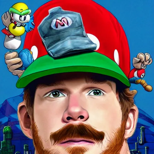 Prompt: hyper detailed illustration of Chris Pratt wearing a Super Mario hat, by Kev Walker, simon bisley and paolo parente