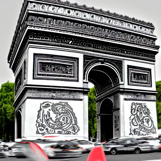 Image similar to photorealistic, arc de triomphe full of graffiti