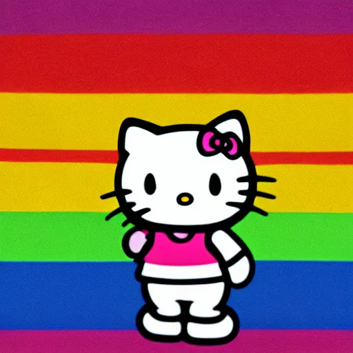 Image similar to Hello kitty standing on a rainbow,