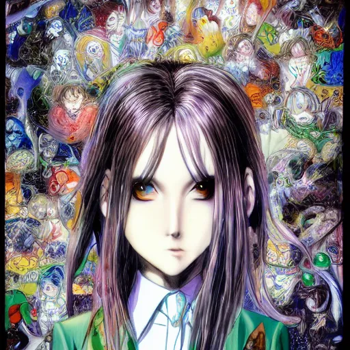 Prompt: yoshitaka amano realistic illustration of a sinister anime girl with big eyes and long wavy blue hair wearing dress suit with tie and surrounded by abstract junji ito style patterns in the background, blurred and dreamy illustration, noisy film grain effect, highly detailed, oil painting with expressive brush strokes