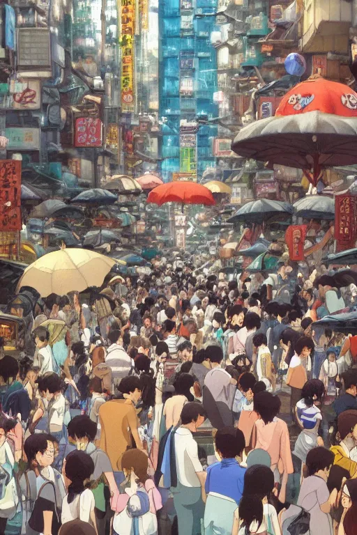Image similar to Still from Studio Ghibli movie 'Lost in Crowded Tokyo', very detailed, focused, oil painting, colorful, canvas, artstation, Antoine Pierre Mongin