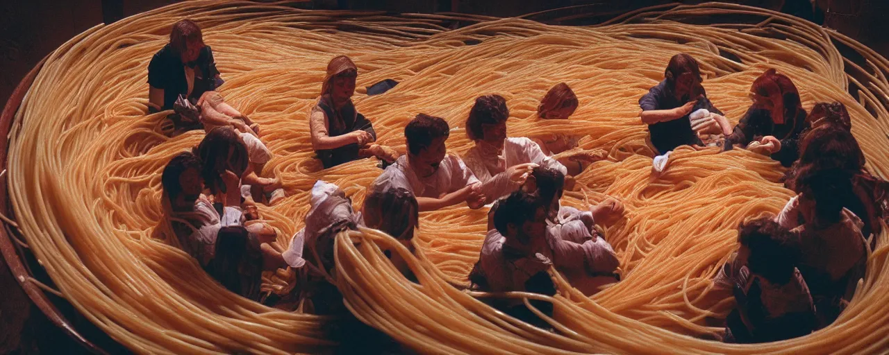 Image similar to a group of people inside a giant bowl of spaghetti, trying to get out, canon 5 0 mm, cinematic lighting, photography, retro, film, kodachrome