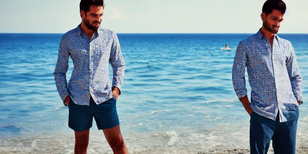 Image similar to a handsome guy is standing tall, in a beautiful shirt, with the beach, sea, sun, rays in the background? super detail, one character