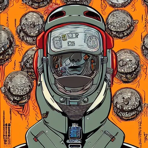 Image similar to the symmetry in a face of a cyberpunk astronaut, fan art for hardboiled wonderland by geof darrow, detailed, concept art,