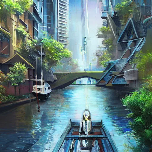 Image similar to Narrow cosy waterway in futuristic sci-fi city in harmony with nature. Nice colour scheme, soft warm colour. Beautiful detailed painting by Lurid. (2022)