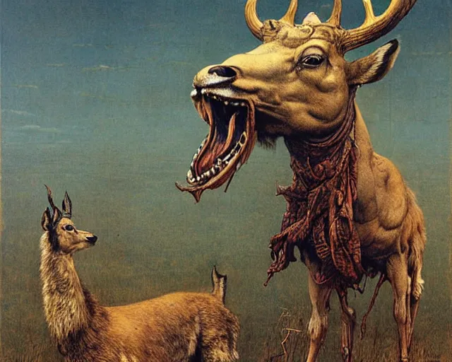 Image similar to Lama, Deer, Dog, Horse combined; fantastic sick damned mutant beast inflated-skin by Beksinski, Arthur Rackham, Eugene de Blaas, Dariusz Zawadzki, Wayne Barlowe