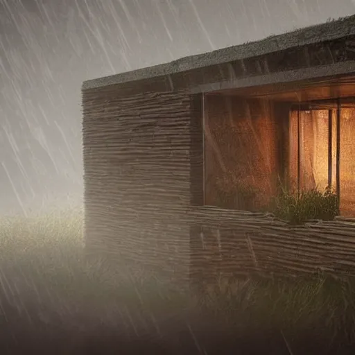 Image similar to unique house design, concept art, video game, award winning, strange, unusual, organic, earthen, vivid, lighting, volumetric, misty, rain, windows