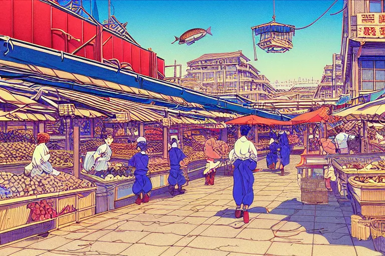 Prompt: cel-shaded study of a coastal city fish market a late renaissance city docks, key visual with intricate linework, in the style of moebius, ayami kojima, 90's anime, retro fantasy