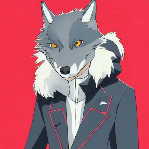 Image similar to key anime visual portrait of an anthropomorphic anthro wolf fursona, in a jacket, with handsome eyes, official modern anime art