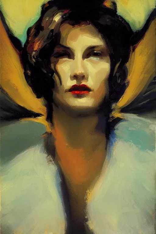 Prompt: the angel of fortune spreads his 4 wings, his face is radiant like a supernova, an oil painting by Malcolm Liepke