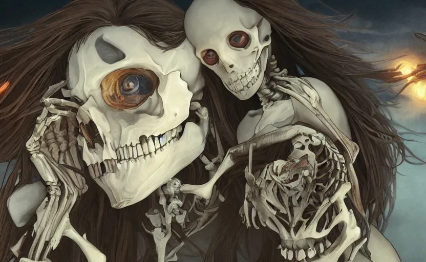 Prompt: skeleton with eyes, cinematic shot, 8 k, art by artgerm and greg rutkowski and alphonse mucha, movie screenshot