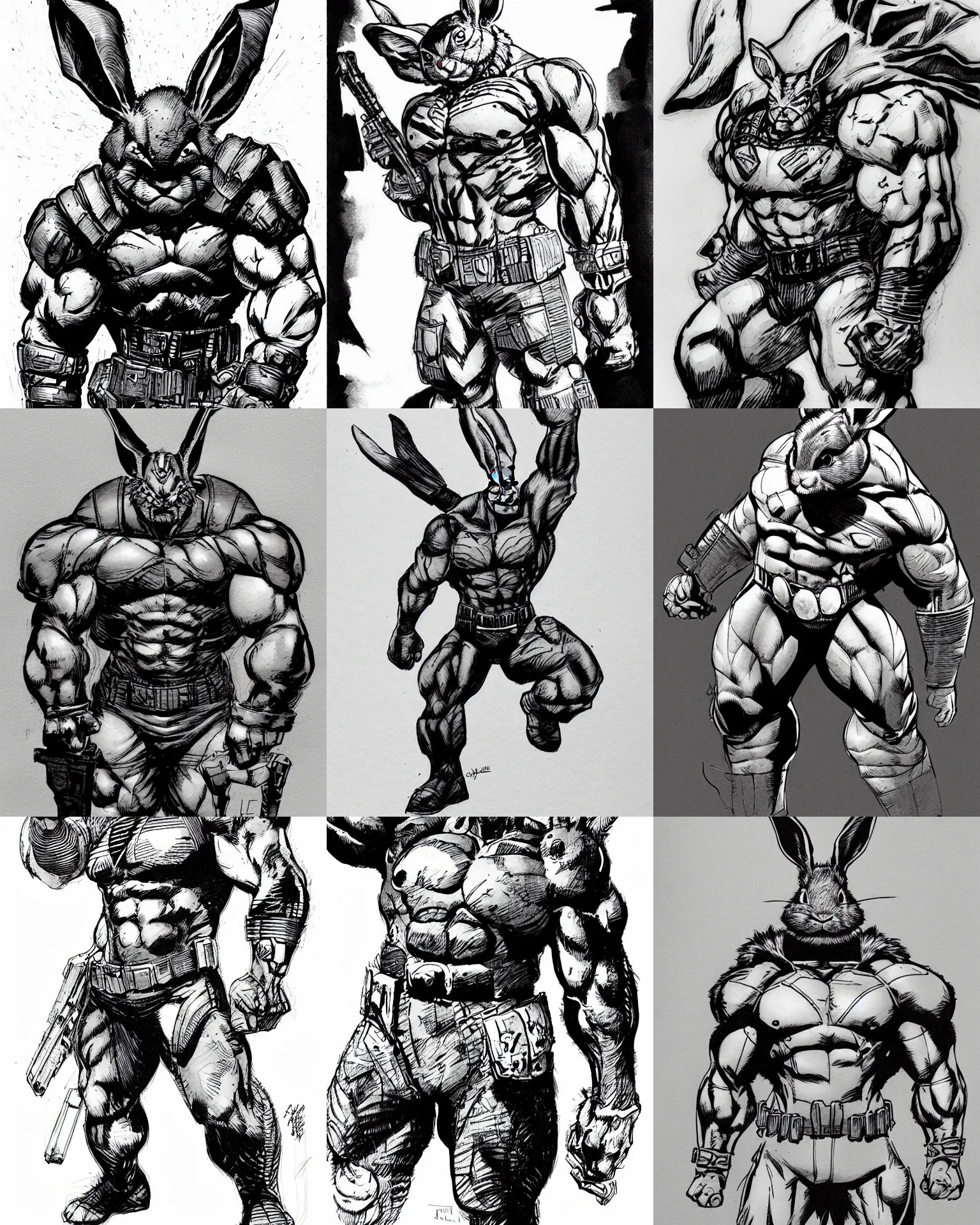 Prompt: rabbit!!! jim lee!!! medium shot!! flat grayscale ink sketch by jim lee close up in the style of jim lee, dramatic flexing pose swat soldier armor borderlands hulk rabbit animal by jim lee