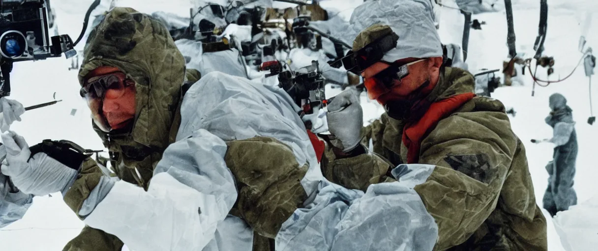 Prompt: filmic extreme close up shot movie still 4 k uhd interior 3 5 mm film color photograph of a scientist attacking a camouflaged solder in a lab in antarctica by grabbing him with his claw