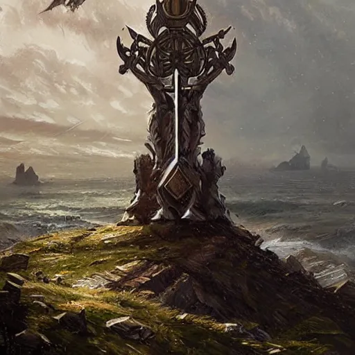 Image similar to a landscape resembling the ace of swords tarot card by greg rutkowski, detailed and intricate hd painting