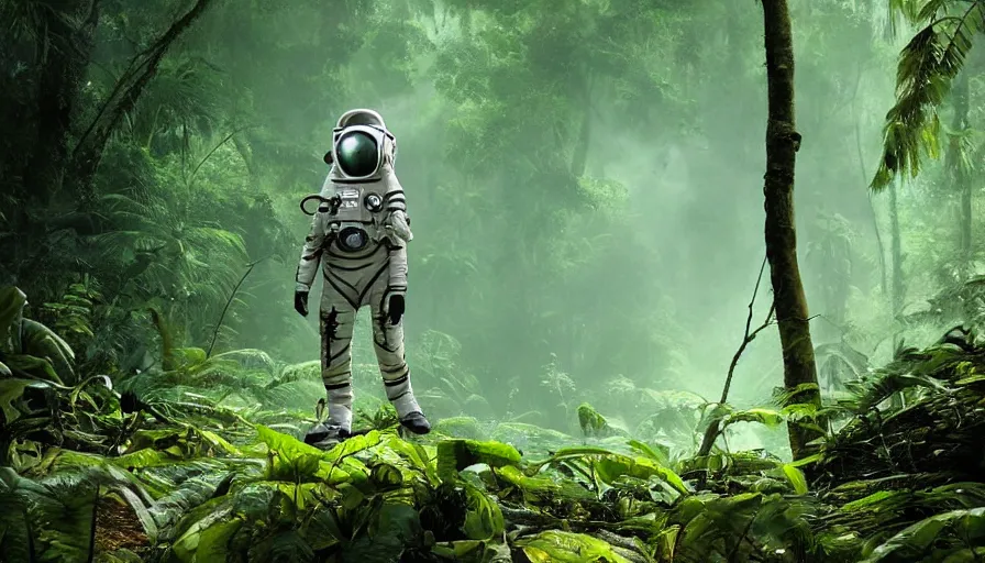 Image similar to an alien astronaut in the amazon forest, plants environment, wide angle, cinematic lighting, atmospheric, realistic, octane render, highly detailed, in the style of craig mullins