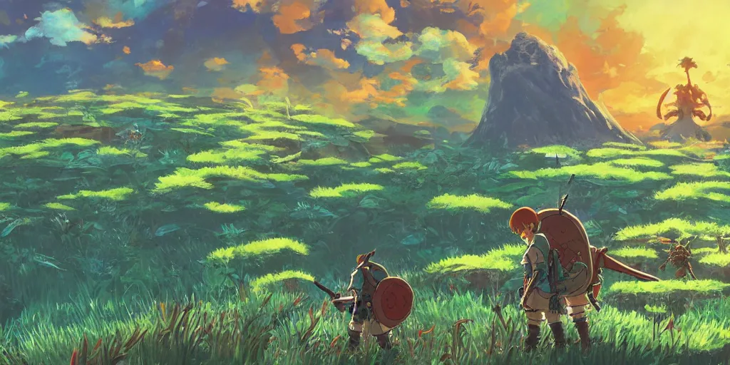 Image similar to epic mushrooms, vivid tones, wide angle, by miyazaki, nausicaa, studio ghibli, breath of the wild