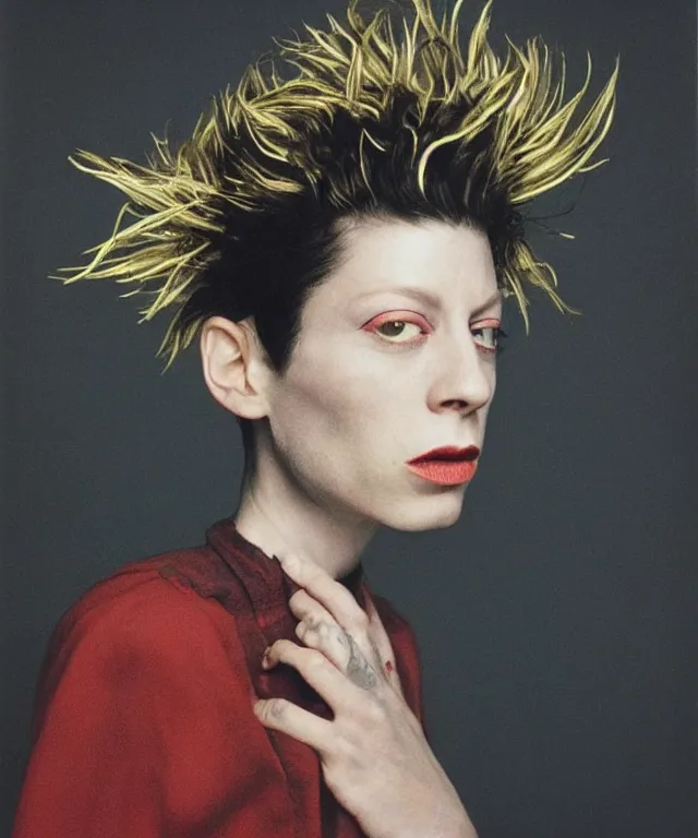 Image similar to a color photograph asia kate dillon, by robert mapplethorpe, intense, bold, exaggerated, overblown, hyperrealistic, ultra sharp, extra details, ultra high quality, trending on pinteresst
