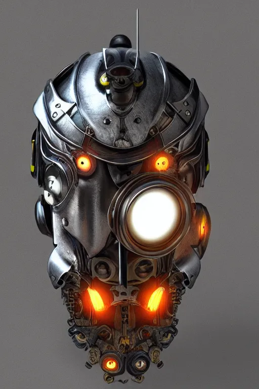 Image similar to steampunk mask minimalist fantasy art robot ninja helmet, global illumination ray tracing hdr fanart arstation by sung choi and eric pfeiffer and gabriel garza and casper konefal radiating a glowing aura