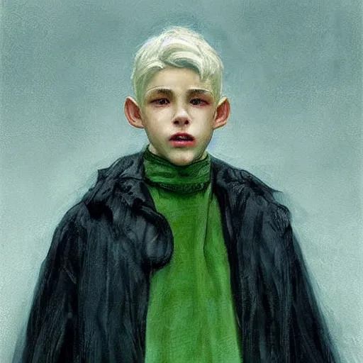 Prompt: a 14 year old teenage boy ghost with white hair and green eyes. The air is so cold that you can see his breath. He is shivering from the cold. Sakimichan Repin. By JC Leyendecker