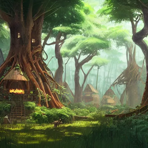 Image similar to concept art painting of a forest with treehouses made of trees and roots, treehouses inside trees, vines, deep forest, realistic, detailed, cel shaded, in the style of makoto shinkai and greg rutkowski and james gurney