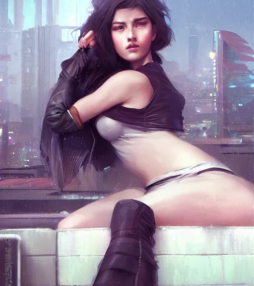 Image similar to girl sitting on a rooftop, cyberpunk, medium shot, realistic detailed face, by charlie bowater, by wlop, by jeremy lipking, expressive oil painting, portrait, digital art