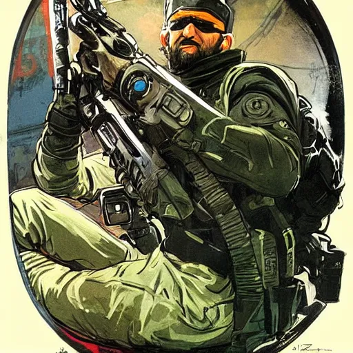 Image similar to Sam Fisher blackops operator choking out a guard. rb6s, MGS, and splinter cell Concept art by James Gurney, Alphonso Mucha. Vivid color scheme.