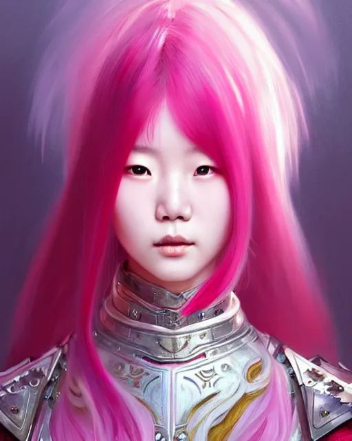 Prompt: Portrait of a korean girl with pink hair wearing a paladin armor with a red skirt and white top, face, fantasy, intricate, elegant, highly detailed, digital painting, artstation, concept art, smooth, sharp focus, illustration, art by Fernanda Suarez and Artem Demura and alphonse mucha