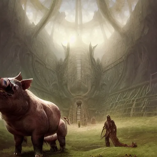 Image similar to A giant sensual pig-monster made of grotesque things in Elden Ring, fullbody, intricate, demonic, video game art, highly detailed, artstation, green field with village ruins, concept art, smooth, sharp focus, illustration, art by greg rutkowski and orientalism and bouguereau and Zdzislaw Beksinski, good clear quality, lighting, biology, symmetrical artwork, perfect face, 135 mm, cinematic, hyper realism, high detail, octane render, 8k, chrome accents