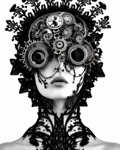 Image similar to surreal dark poetic black and white photo portrait of complex bio-mechanical beautiful young silver female vegetal-cyborg with a Mandelbrot fractal steampunk metal fine lace face, a very long neck and a fine metal floral foliage super big lace collar by Alexander McQueen:: smoke, high fashion, haute couture, rococo, steampunk, silver filigree details, anatomical, facial muscles, cable wires, microchip, elegant, dreamy, foggy atmosphere, hyper realistic, 150 mm lens, soft rim light, octane render, unreal engine, picture was taken in 1910 by Man Ray, volumetric lighting, dramatic light,8k,