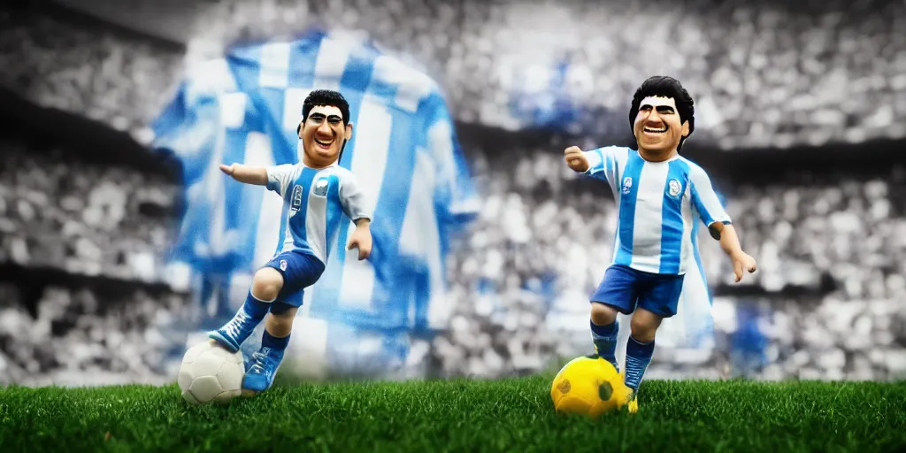 Image similar to funko of maradona with big head, argentina t - shirt, smile, no beard, stand with a ball under his left foot, max resolution, high contrast, cinematic, light cinematic, volumetric, realistic, cinematic lighting, octane render, hyper realistic