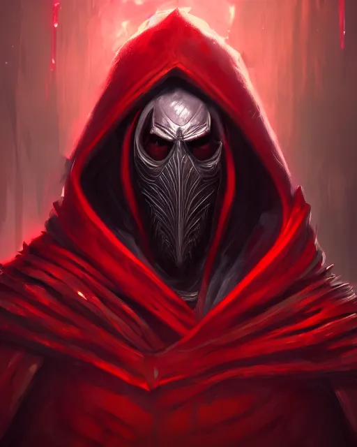 Image similar to painting of a wicked faceless cool baron in a red cloak, fantasy, artstation, cgsociety, ultra high detail, stylized, medium shot