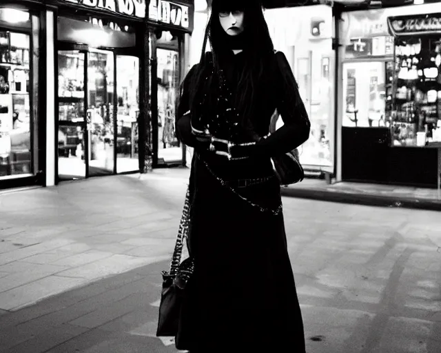 Prompt: a goth girl at a british shopping precinct at night, 2006, amateur