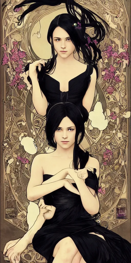 Image similar to character poster of young girl with straight long black hair wearing black dress sitting in bath, poster by capcom art team collaborating with artgem, greg rutkowski and alphonse mucha