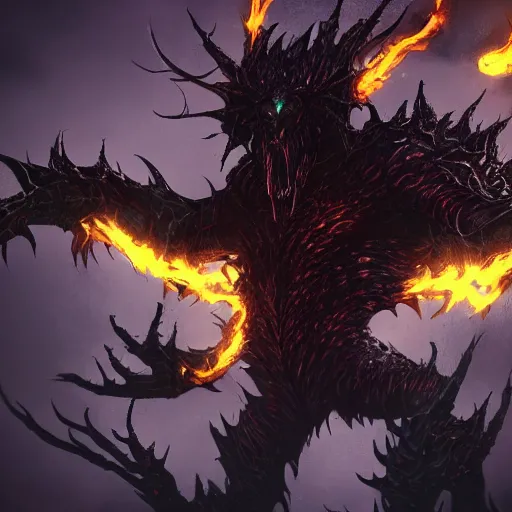 Image similar to monster with many arms and epic edgy armor. Black flames around him.