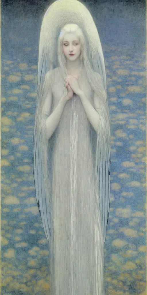 Image similar to Say who is this with silver hair so pale and Wan and thin? Majestic feminine gothic angel in the style of Jean Delville, Lucien Lévy-Dhurmer, Fernand Keller, Fernand Khnopff, oil on canvas, 1896, 4K resolution, aesthetic, mystery