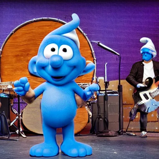 Prompt: photo of smurfs playing in a band on stage