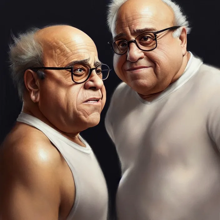 Prompt: danny devito and a blond man, elegant, real life skin, intricate artwork, high detailed, artstation, concept art, smooth, sharp focus, art by artgerm and greg rutkowski