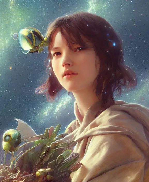 Image similar to simplicity, portrait of a adorable childlike insect alien, milky way environment, ultra realistic, concept art, intricate details, cheerful, highly detailed, photorealistic, octane render, 8 k, unreal engine. art by artgerm and greg rutkowski and alphonse mucha