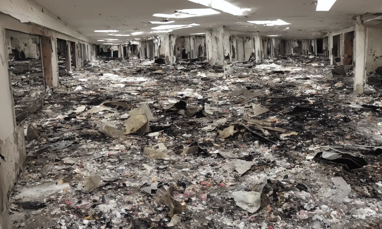 Image similar to backrooms abandoned mall, moldy walls and garbage on fire