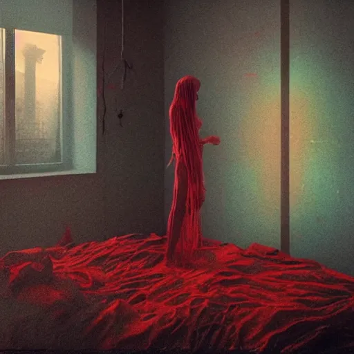 Image similar to rgb, woman, bedroom, cinematic, movie scene, inspired by zdzislaw beksinski, clothes made out of veins, cables everywhere, bedroom, ultra realistic, concept art, intricate details, highly detailed, photorealistic, octane render, 8 k